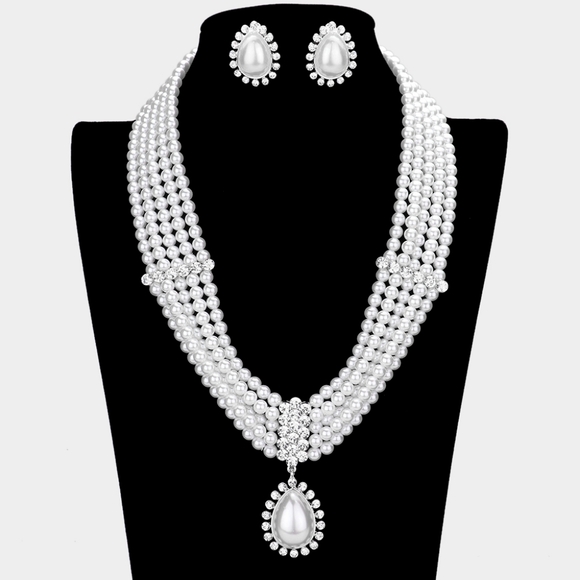 Silver White Teardrop Pearl Pendant ClipOn Earrings Rhinestone Trimmed Necklace - Picture 1 of 3